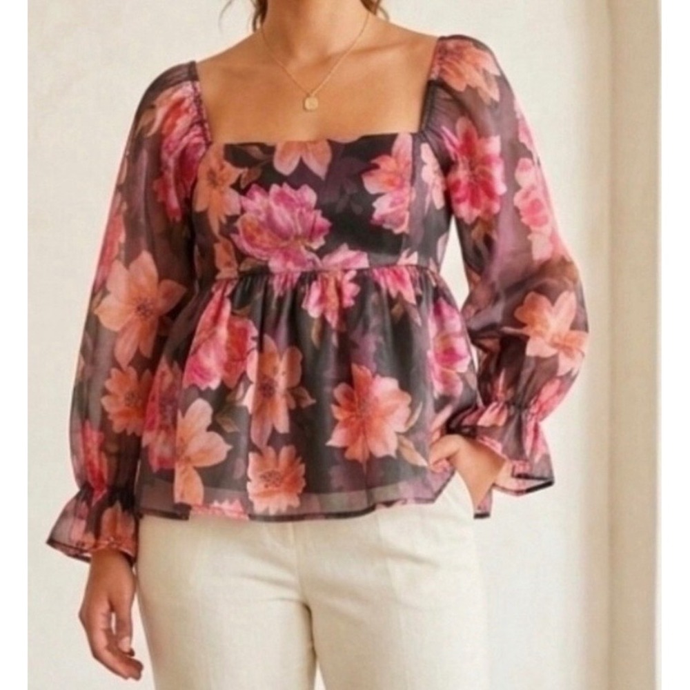 Thirty Thirty LA Floral Puff Sleeve Peplum Top Purple Pink Smocked Back M